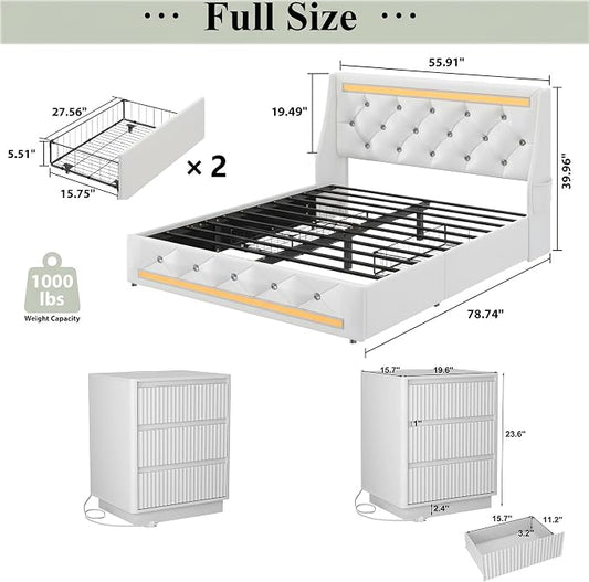 5 Pieces Full Bedroom Set, PU Fabric Metal Bed Frame with Charge Port& LED, 6 Tier Rotating Bookshelf, Vanity Table with Sliding Light Mirror& Hair Dryer Holder, 2 Nightstands with Charge
