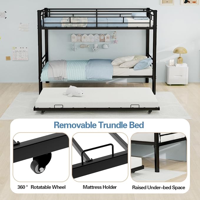 Metal Bunk Bed with Trundle, Space-Saving Bunk Bed Twin Over Twin with Ladders and Safety Guardrail, Heavy Duty Twin Bed Frames, No Box Spring Needed and Noise Free(Black)