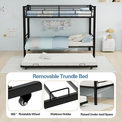 Metal Bunk Bed with Trundle, Space-Saving Bunk Bed Twin Over Twin with Ladders and Safety Guardrail, Heavy Duty Twin Bed Frames, No Box Spring Needed and Noise Free(Black)
