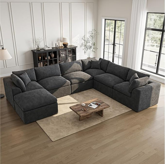 Cloud Sectional Couches for Living Room | 7 Seater U-Shaped Boneless Couch with Ottoman | Dark Grey Modular Sectionals Sofa Couch