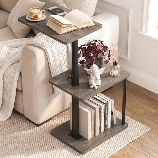 Faesun Swivel Side Table for Couch Arm, Height Adjustable C Table for Recliner or Bed, Tv Trays with Storage Shelf for Small Spaces- Small Nightstand Table for Living Room, Bedroom