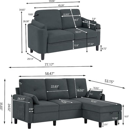 Convertible Sectional Couch Set, 77" L Shaped Sofa with Ottoman and 57" Loveseat, Modern Couches for Living Room, Apartment and Office, Dark Grey