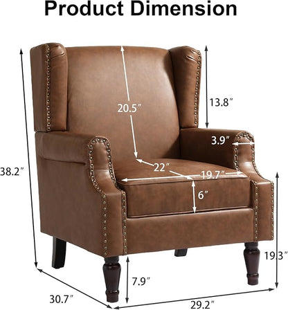 Pia Ricco High Back Floral Accent Chair - Retro Wingback Upholstered Armchair in Faux Leather, Nailhead Trim & Solid Wood Legs for Living Room Bedroom Reading Chair（Brown