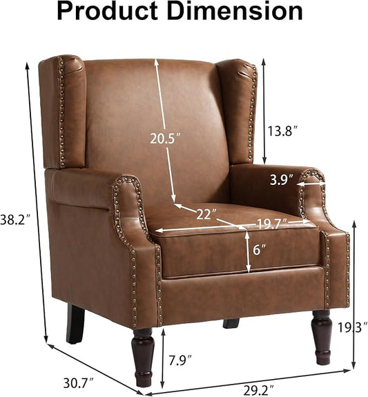 Pia Ricco High Back Floral Accent Chair - Retro Wingback Upholstered Armchair in Faux Leather, Nailhead Trim & Solid Wood Legs for Living Room Bedroom Reading Chair（Brown