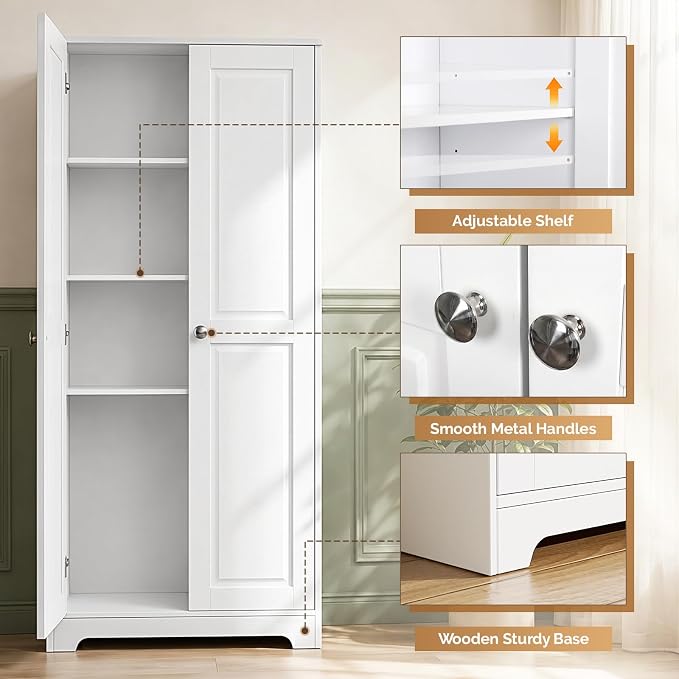 VINGLI 72" Tall Pantry Cabinet, Kitchen Pantry Storage Cabinet with 2 Doors & Adjustable Shelves, Freestanding Food Storage Cupboard for Kitchen, Dining Room, Utility Room, White
