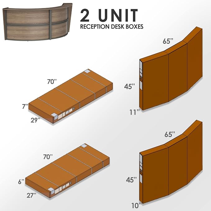 Linea Italia Curved Modern Office Desk Easy to Assembly 2 Panel Reception Counter for Lobby, Salon, 124" x 49", Walnut