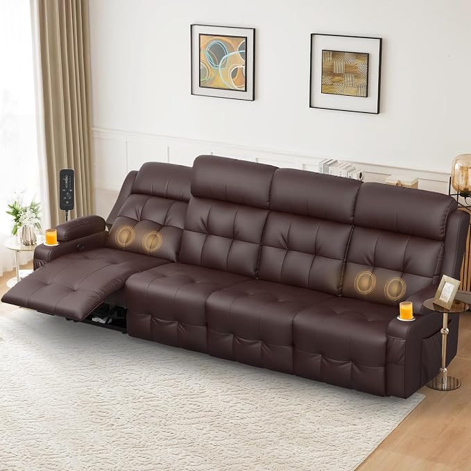 Reclining Couch, 113" PU Leather Sofa Recliner with Massage - 4 Seat Home Theater Seating Comfy Soft, Manual Wall Hugger Reclining with Lumbar Support Sofa Set for Family Living Room, Brown