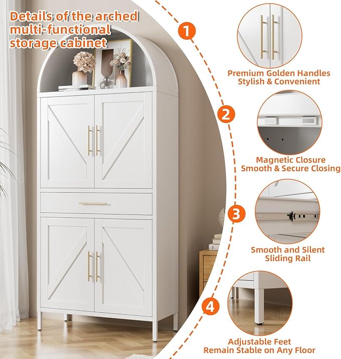 72.8" White Metal Arched Pantry Cabinet with Drawer, Tall Kitchen Storage Cabinet with 3 Adjustable Shelves, Door Storage, Magnetic Closure & Anti-Tip Kit, White, Assembly Required