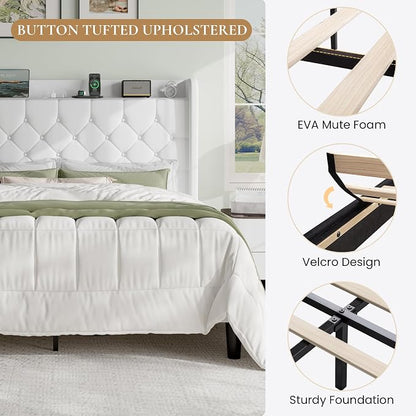SHA CERLIN Queen Size Platform Bed Frame with Charging Station, Velvet Wingback Headboard with Storage Shelf, Wooden Slats Support, Ample Under-Bed Space, No Box Spring Needed, Easy Assembly, White