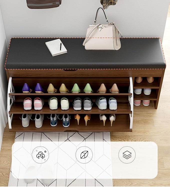 Shoes Storage Cabinet Shoe Stool Tipping Bucket-Shaped, Freestanding Rack Organizer Shoe Replacement Stool with Leather Cushion, Entryways Hallways Closets Bedroom (60d 1)