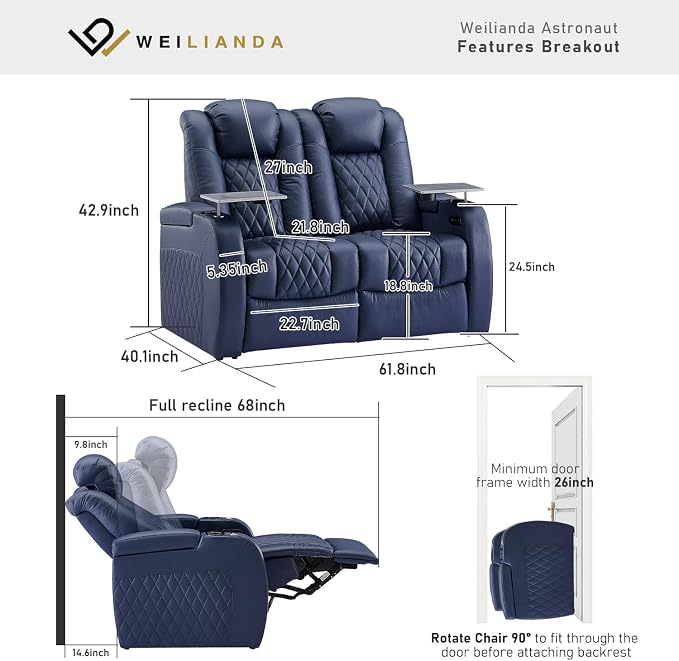 Weilianda Home Theater Seating Top Grain Leather Zero Gravity Recliner Chair Power Headrest Recline Movie Seat Gaming 7 Colors Mood Light Sofa with Tray Table USB Charge Row of 2 Loveseat Blue
