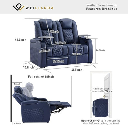 Weilianda Home Theater Seating Top Grain Leather Zero Gravity Recliner Chair Power Headrest Recline Movie Seat Gaming 7 Colors Mood Light Sofa with Tray Table USB Charge Row of 2 Loveseat Blue