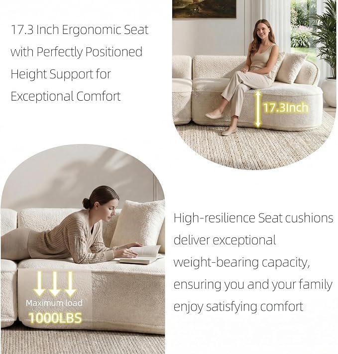 114" Curved Sectional Sofa Couch, Modern Comfy Chenille Memory Foam Sofa Deep Seat Couches, 4 Seater Oversized Boneless Cloud Couch with 3 Throw Pillows for Living Room (Camel, 114.2 Inch)