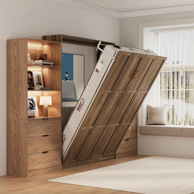 Bobve Farmhouse Murphy Bed Queen,85" Wall Bed Folds to Save Space,Concealed Bed Frame with 2 LED Storage Cabinets and Wall Mounted Features for Apartment/Office/Guest Room,Brown+Walnut