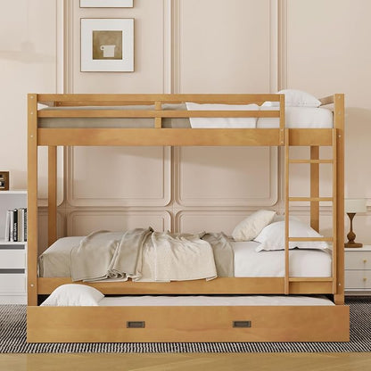 MERITLINE Queen Over Queen Bunk Bed with Twin XL Trundle, Solid Wood Bunk Bed with Ladders and Guardrails for Adults (Natural Wood)