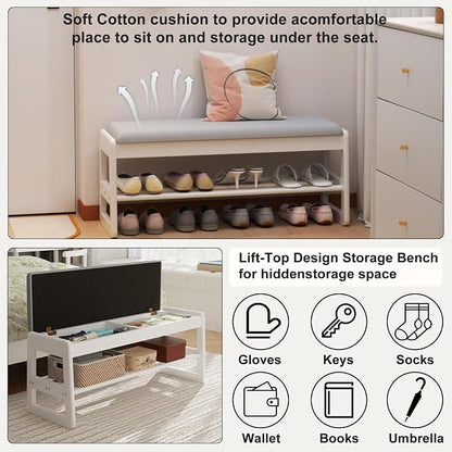 AQIMUELE Shoe Rack Bench,2 Tiers Shoe Bench with Storage with Flip-Top,Wood Shoe Rack for Entryway,Hallway（White Upholstered Seat,11.8" D x 31.5" W x 15.7" H）