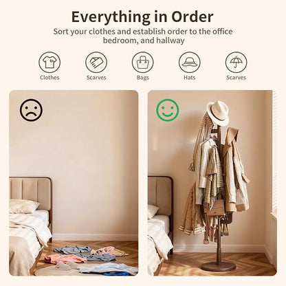 Coat Rack,Solid Wood Cactus Freestanding Coat RackWith 6 L-Shaped Hooks and 3 Adjustable Sizes,Coat Tree for Bedroom, Entryway, Livingroom, Coat Hanger Stand for Coats, Handbags (Walnut)