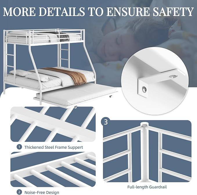 Shintenchi Bunk Bed Twin Over Full Size with Trundle, Heavy-Duty Twin&Full Frame with Full-Length Guardrail and Two Ladders, Triple for Kids, Teens and Adults, Space-Saving, White