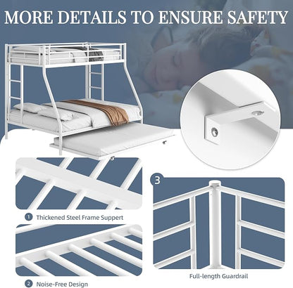 Shintenchi Bunk Bed Twin Over Full Size with Trundle, Heavy-Duty Twin&Full Frame with Full-Length Guardrail and Two Ladders, Triple for Kids, Teens and Adults, Space-Saving, White