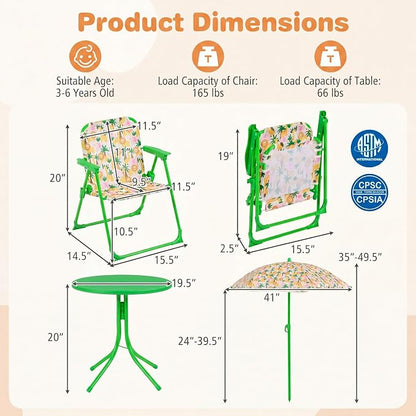 HONEY JOY Kids Picnic Table, Animal Themed Toddler Outdoor Table and Chair Set, 2 Folding Chairs & Removable Umbrella, Children Outdoor Furniture for Backyard Patio Garden (Green Lion)