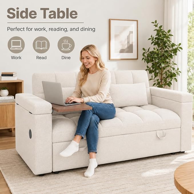 65'' Sleeper Sofa Bed, Pull Out Couch with Side Table | USB Charging Port | Adjustable Backrest | Chenille Fabric, Convertible Loveseat for Living Room, Apartment, Small Spaces (Beige)