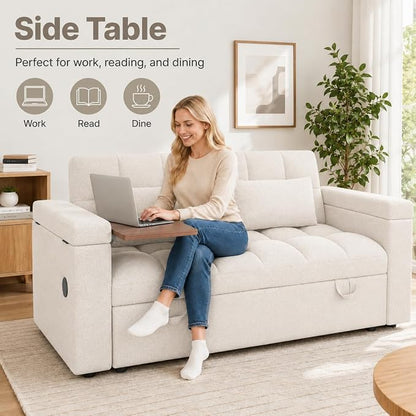 65'' Sleeper Sofa Bed, Pull Out Couch with Side Table | USB Charging Port | Adjustable Backrest | Chenille Fabric, Convertible Loveseat for Living Room, Apartment, Small Spaces (Beige)