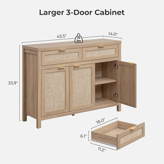 SICOTAS Rattan Sideboard Buffet Cabinet with Storage, Boho Credenza Accent Cabinet with 3 Doors and 2 Drawers, Farmhouse Console Coffee Bar for Kitchen, Living Room, and Entryway, Light Oak
