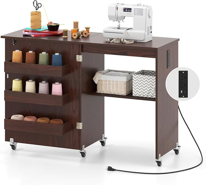 Giantex Folding Sewing Table with Storage, 3 Side Trays & Open Shelf, Built-in Charging Station, Mobile Craft Desk with Lockable Wheels, Space-Saving Sewing Machine Table for Home, Dorms, Espresso