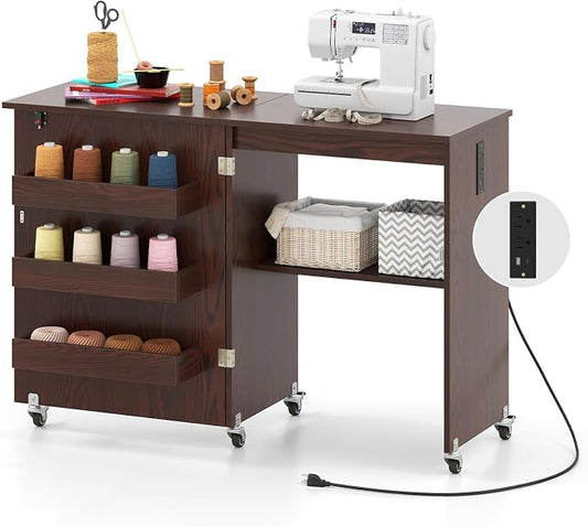 Giantex Folding Sewing Table with Storage, 3 Side Trays & Open Shelf, Built-in Charging Station, Mobile Craft Desk with Lockable Wheels, Space-Saving Sewing Machine Table for Home, Dorms, Espresso
