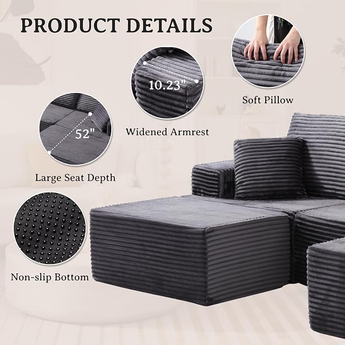 103" Modular Sectional Sofa, Comfort U Shaped Boneless Couch for Living Room, Extra Deep Seats No Assembly, Corduroy (Grey, 3 Seater + 2 Ottomans