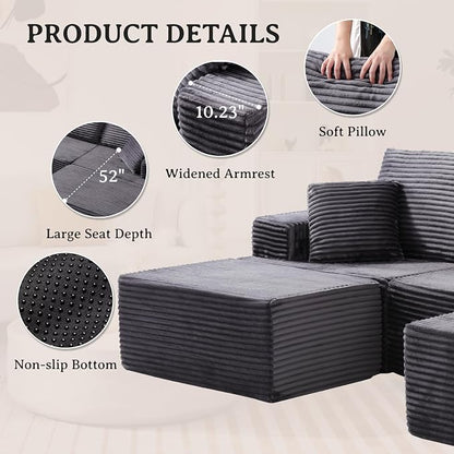 103" Modular Sectional Sofa, Comfort U Shaped Boneless Couch for Living Room, Extra Deep Seats No Assembly, Corduroy (Grey, 3 Seater + 2 Ottomans