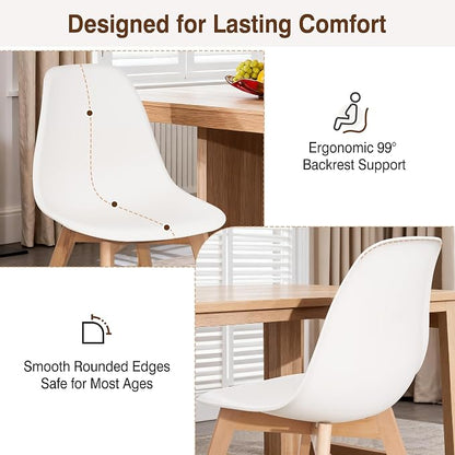 VECELO Dining Chairs Set of 4, Mid-Century Modern Kitchen & Dining Room Chairs, Molded Plastic Seat & Back, Solid Wood Legs, Armless, Non-Slip Feet, White
