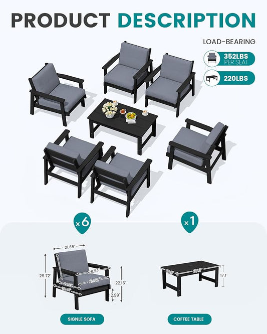 SERWALL HDPE Outdoor Furniture Set, 7 Piece All Weather Wood-Like Outdoor Sofa Sectional Couch, Black Patio Furniture Set with Grey Cushions