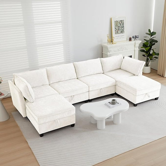 ORRD Oversize Modular Sectional Sofa Set, Convertible U Shaped Couch with Storage, 6 Seater Sofa Modular with Ottomans and Reversible Chaise for Living Room, Office (Beige)