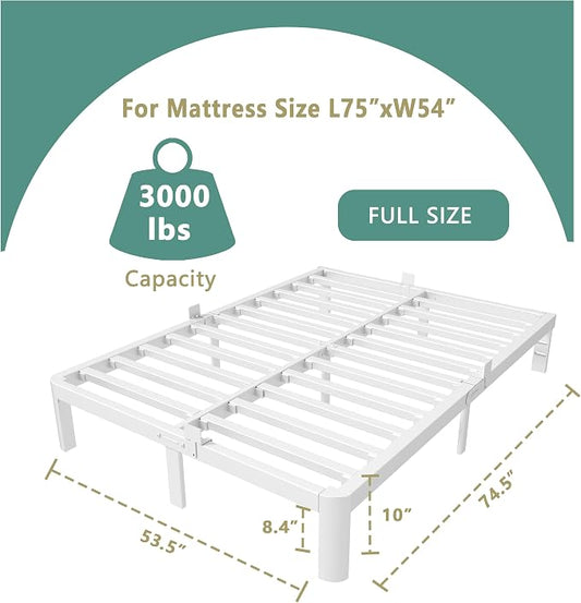 ITIMIDI 10 Inch Full White Bed Frames with Metal Gaskets,Metal Platform Bed Frame Full Size, Heavy Duty Steel Support 3500 LBS, No Box Spring Needed, Anti-Slip Mattress Stopper, Easy Assembly