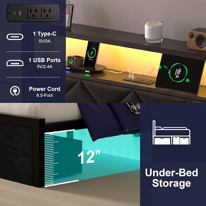 Queen Bed Frame with LED Lights, Charging Station & 2 Storage Drawers, Metal Platform with Upholstered Headboard, No Box Spring Needed, Easy Assembly