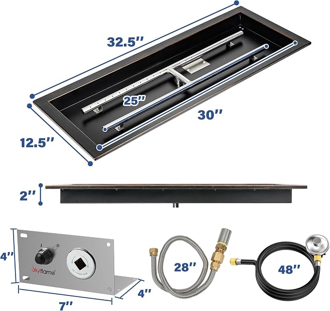 Skyflame 30 x 10 Inch Rectangular Fire Pit Pan Kit, Black Drop-in Fire Pit Pan and Burner, Come with Spark Ignition and Propane Hose, Indoor/Outdoor Fire Pit, Fire Table DIY Decorative