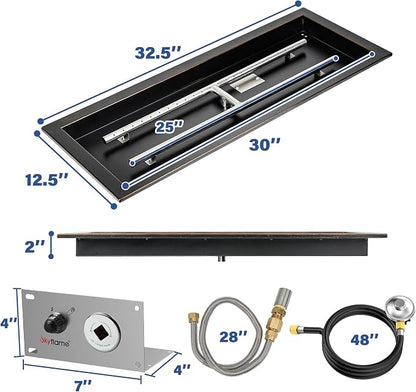 Skyflame 30 x 10 Inch Rectangular Fire Pit Pan Kit, Black Drop-in Fire Pit Pan and Burner, Come with Spark Ignition and Propane Hose, Indoor/Outdoor Fire Pit, Fire Table DIY Decorative