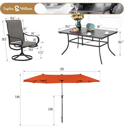 Sophia & William Patio Set with Umbrella 8 Pieces Outdoor Dining Set for 6 with 13ft Outdoor Orange Red Umbrella, 6 x Swivel Patio Chairs with 59" Dining Table for Lawn Garden (No Umbrella Base)