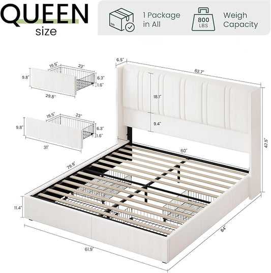 LARMACE Queen Size Bed Frame with 4 Storage Drawers and Wingback Headboard Linen Upholstered Platform Bed Frame with Wooden Slats, Easy Assembly, White