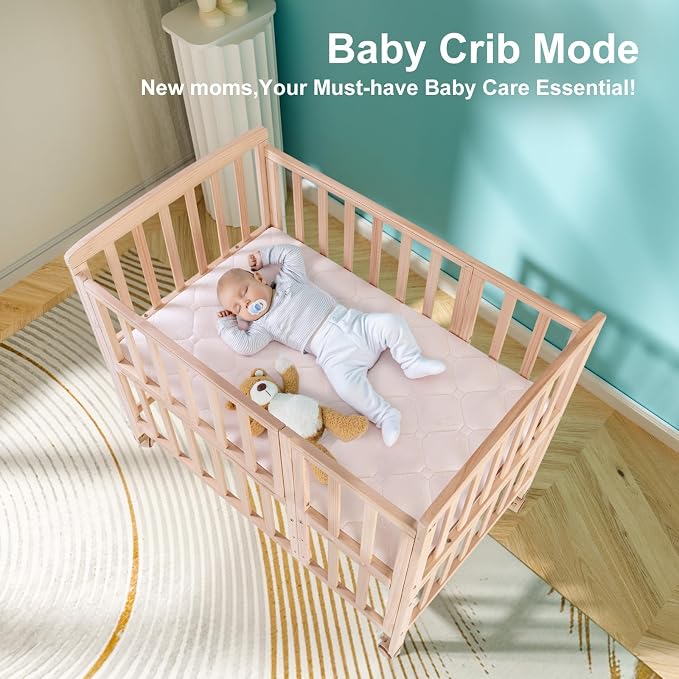 Flwrgirl Mini Baby Crib with Mattress,Portable Bedside Bassinet Sleeper,5 Adjustable Heights,Wood Nursery Crib with Locking Wheels,Compact Baby Bed for Newborns Infants,Unpainted