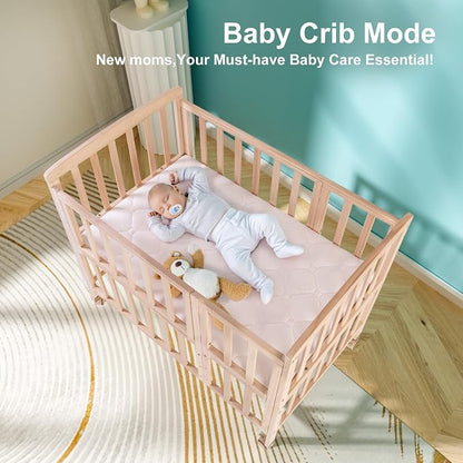 Flwrgirl Mini Baby Crib with Mattress,Portable Bedside Bassinet Sleeper,5 Adjustable Heights,Wood Nursery Crib with Locking Wheels,Compact Baby Bed for Newborns Infants,Unpainted