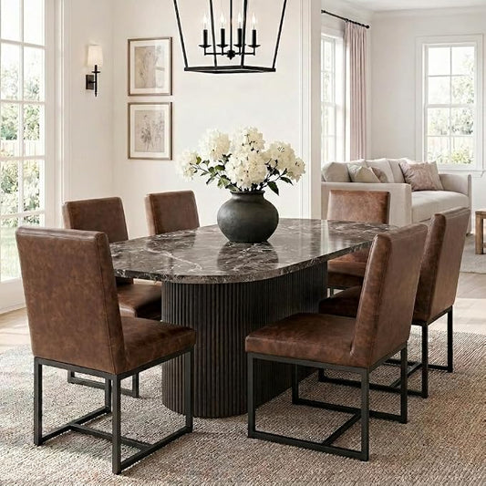 HNY Modern Dining Chairs Set of 6, Upholstered Leather Dining Room Chairs with Ergonomic Back & Metal Frame for Home, Kitchen, Apartment, Brown