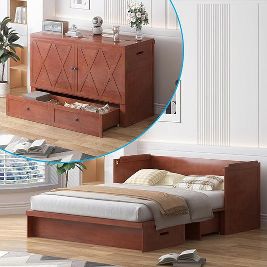 Mjkone Murphy Bed with Tri-Folding Mattress, Queen Hidden Cabinet Bed with Built-in USB Charging Station and 2 Storage Drawers, Foldable Wall Cabinet Beds for Living Room/Guest Room/Apartment, Cherry