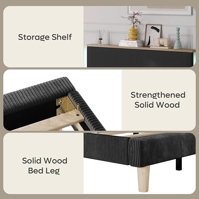 Bestier Full Bed Frame with Adjustable Headboard & LED Lighting, Corduroy Upholstered Platform Bed Frame with Storage Shelf, Solid Wood Slats, No Box Spring Needed, Never Squeak, Easy Assembly, Black