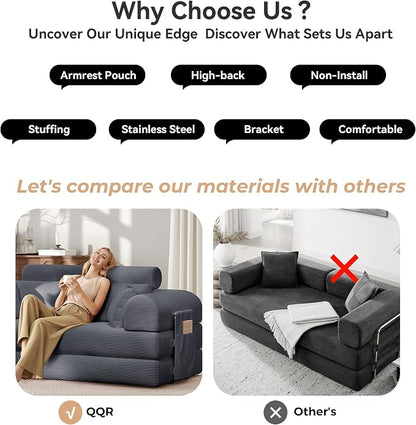 Upgrade High Backrest Design Sofa Bed with Fixed-Shape Frame & Removable Armrests and Backrest, Corduroy Fabric, Convertible Couch for Small Spaces - No Assembly Needed (Dark Gray)