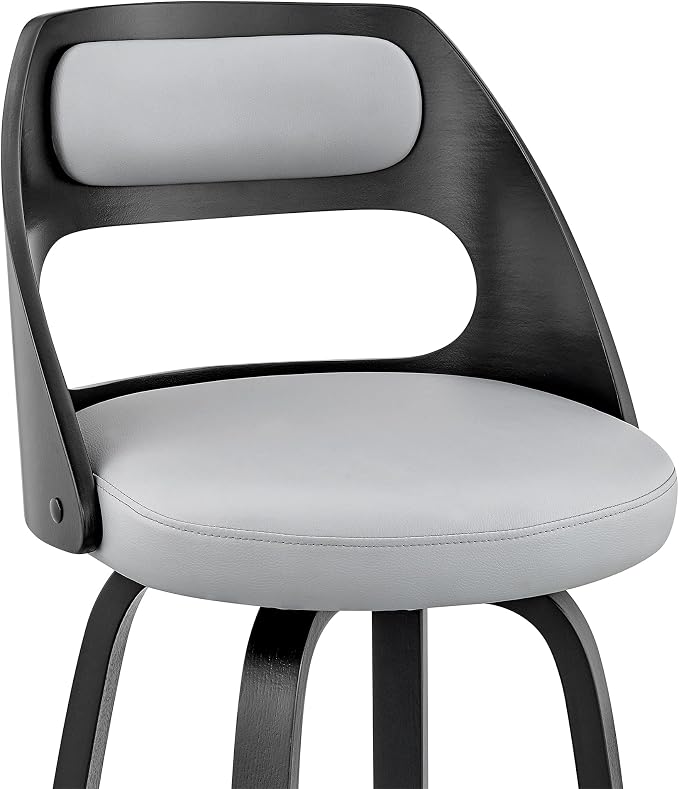 Armen Living Julius Mid Century Modern Swivel Bar Stool for Kitchen Island Counter in Gray Faux Leather and Black Wood, 26" Seat Height