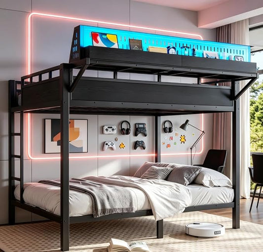 Bellemave Bunk Bed Queen Over Queen，Metal Bunk beds with Storage Shelves USB Ports and LED Lights, Black
