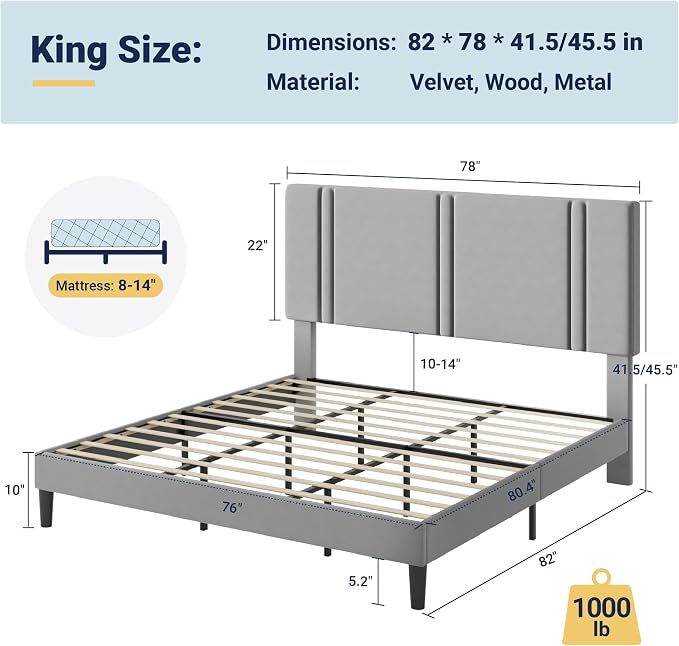 Allewie King Size Platform Bed Frame with Adjustable Headboard, Plush Velvet Upholstered, Vertical Channel Tufted, Sturdy Wooden Slats, No Box Spring Needed, Easy Assembly, Grey