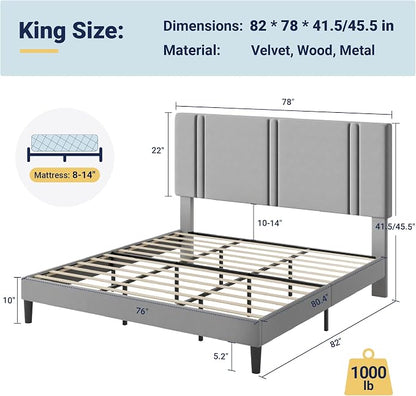 Allewie King Size Platform Bed Frame with Adjustable Headboard, Plush Velvet Upholstered, Vertical Channel Tufted, Sturdy Wooden Slats, No Box Spring Needed, Easy Assembly, Grey